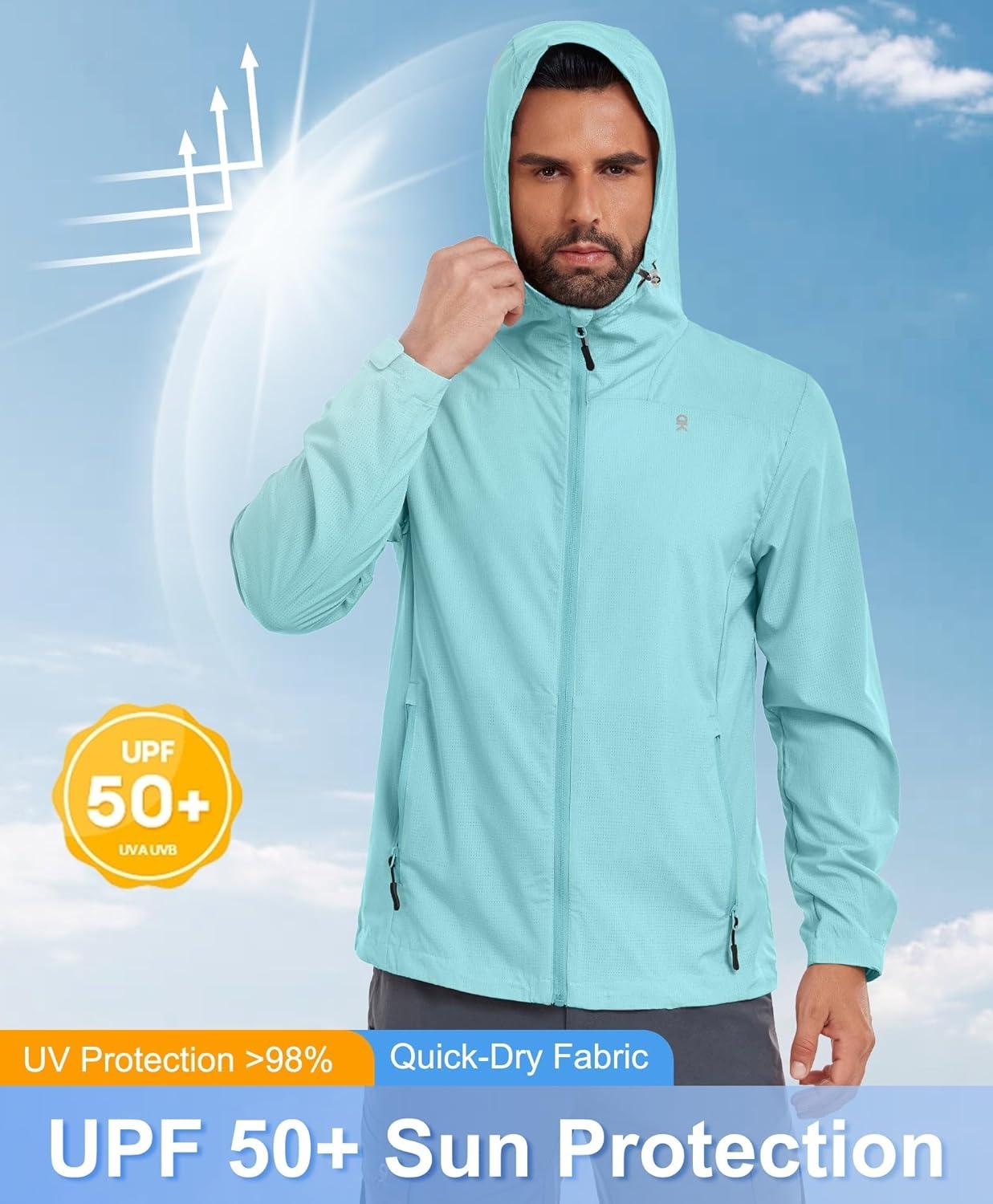 imageLittle Donkey Andy Mens Full Zip Hooded Lightweight Outdoor Jacket UPF Cooling Mesh Fabric Dry Fit for Golf Hiking FishingSky Blue
