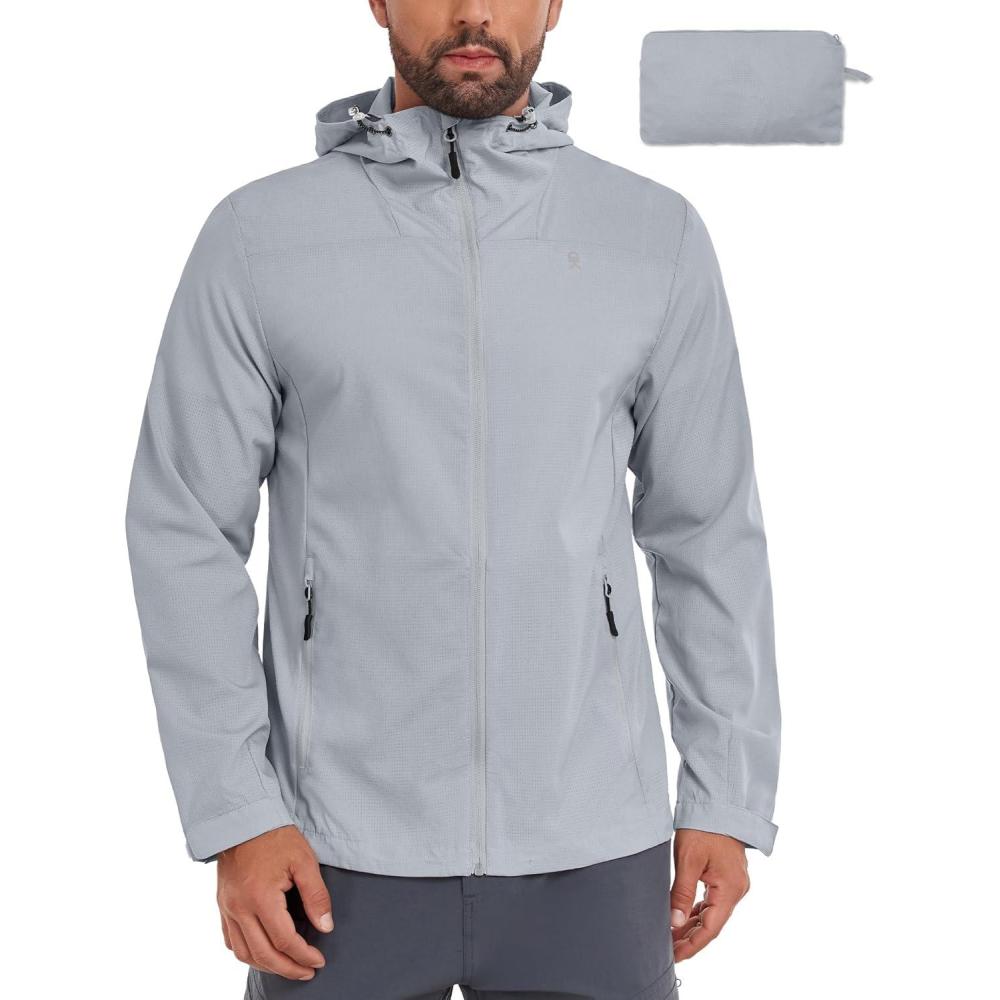 imageLittle Donkey Andy Mens Full Zip Hooded Lightweight Outdoor Jacket UPF Cooling Mesh Fabric Dry Fit for Golf Hiking FishingLight Grey