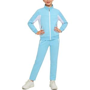 Little Donkey Andy Girls Athletic Tracksuits 2 Piece Outfits, Zip Up Hoodie Sweatshirt and Pants Sweat Suits Set(Blue)