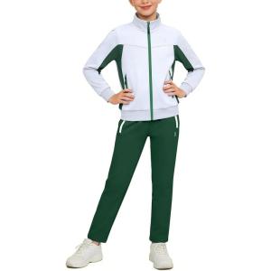 Little Donkey Andy Girls Athletic Tracksuits 2 Piece Outfits, Zip Up Hoodie Sweatshirt and Pants Sweat Suits Set(White)