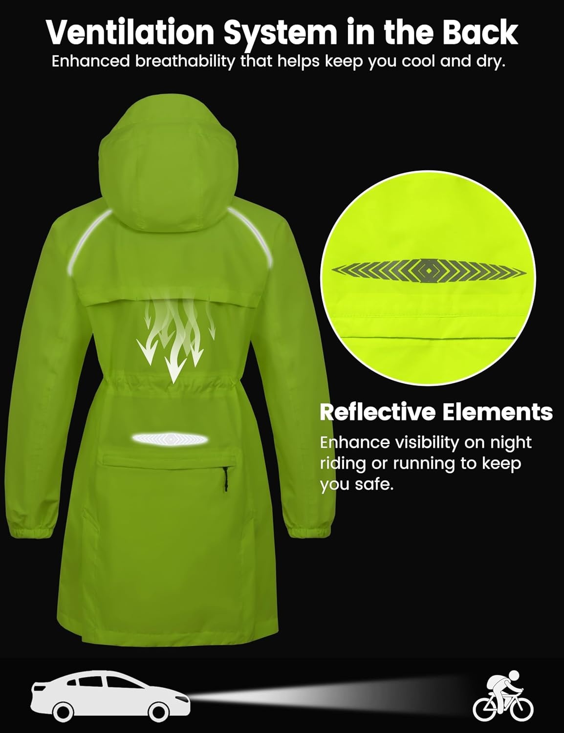 image:imageLittle Donkey Andy Womens Long Cycling Rain JacketPackable Waterproof Windbreaker Lightweight for Running amp BikingFluorescent Green