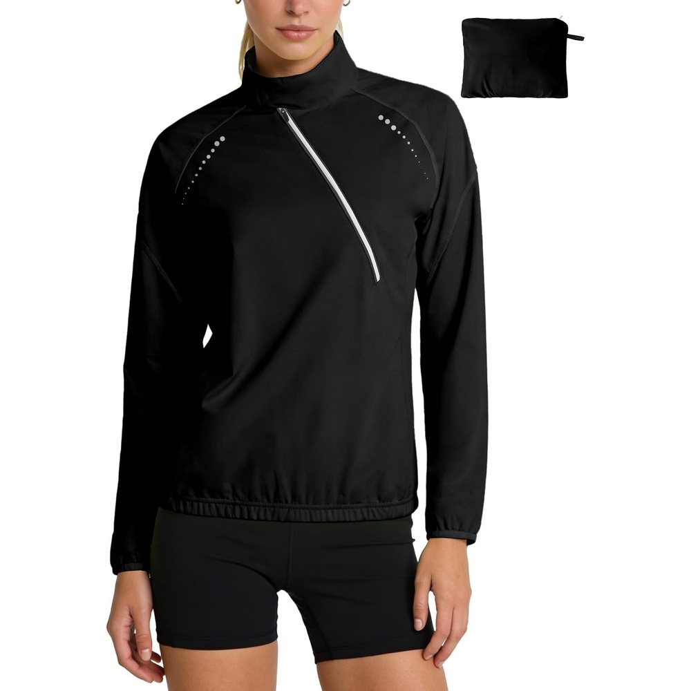 image:imageLittle Donkey Andy Womens Half Zip Cycling Jacket Lightweight Packable Windbreaker Quarter Zip Pullover with Zip PocketsBlack