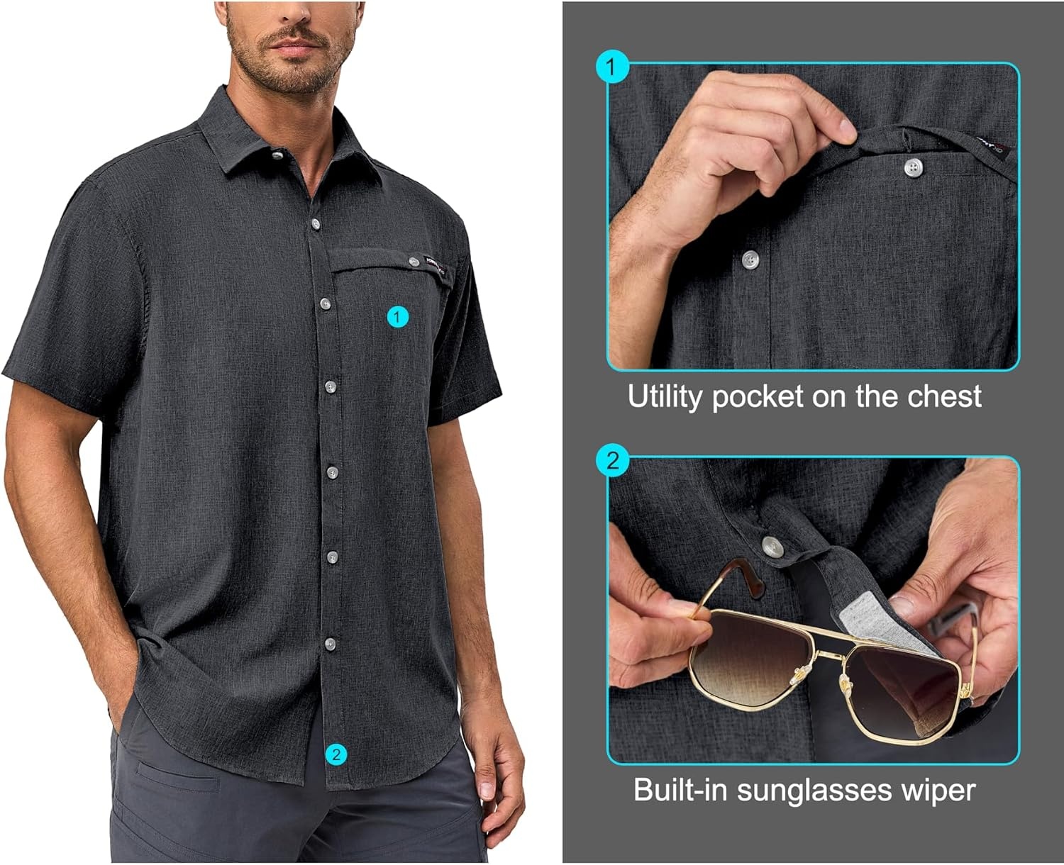image:imageLittle Donkey Andy Mens Lightweight UPF 50 Short Sleeve Shirt Breathable Fishing Hiking Shirt AirHoles TechBlack Heather