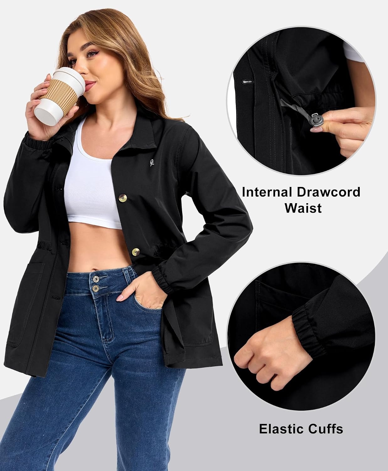 image:imageLittle Donkey Andy Womens Casual Jackets Lightweight Button Down Shirt Drawstring Waist Cropped Trench Coat Peplum JacketsBlack