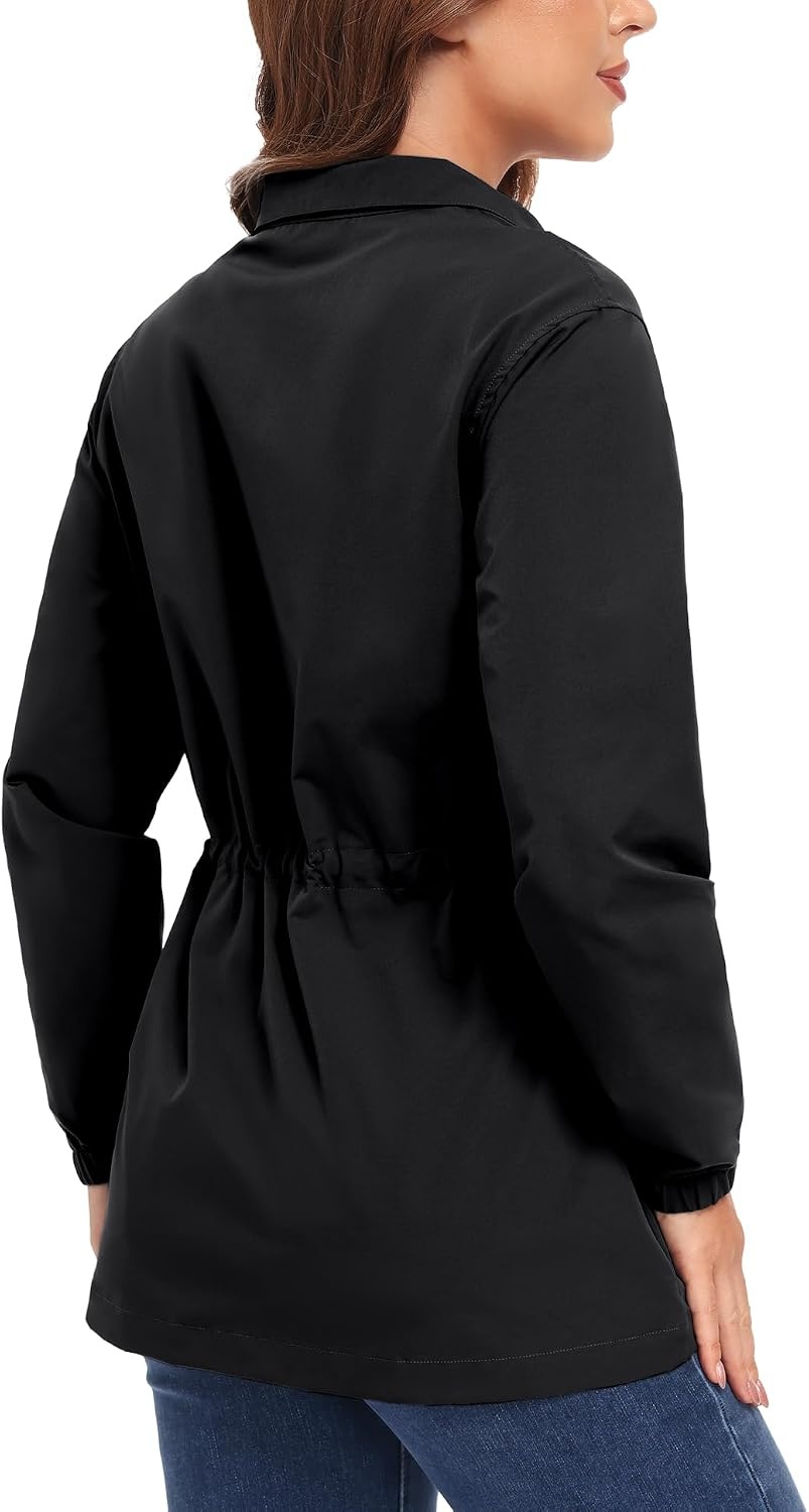 image:imageLittle Donkey Andy Womens Casual Jackets Lightweight Button Down Shirt Drawstring Waist Cropped Trench Coat Peplum JacketsBlack