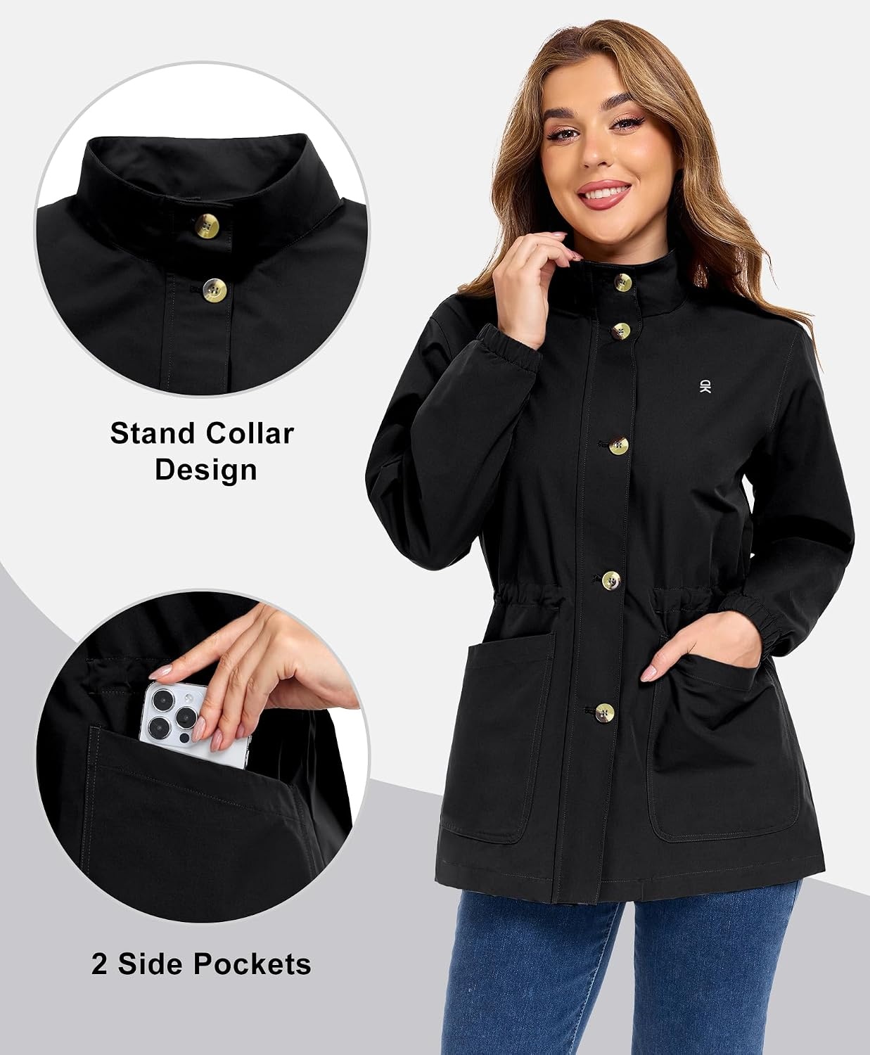 image:imageLittle Donkey Andy Womens Casual Jackets Lightweight Button Down Shirt Drawstring Waist Cropped Trench Coat Peplum JacketsBlack
