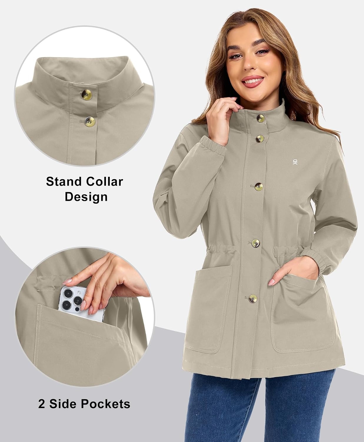 image:imageLittle Donkey Andy Womens Casual Jackets Lightweight Button Down Shirt Drawstring Waist Cropped Trench Coat Peplum JacketsKhaki