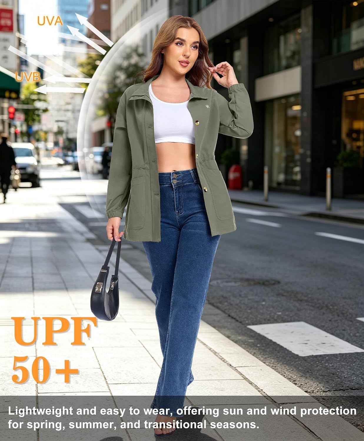 image:imageLittle Donkey Andy Womens Casual Jackets Lightweight Button Down Shirt Drawstring Waist Cropped Trench Coat Peplum JacketsSage Green