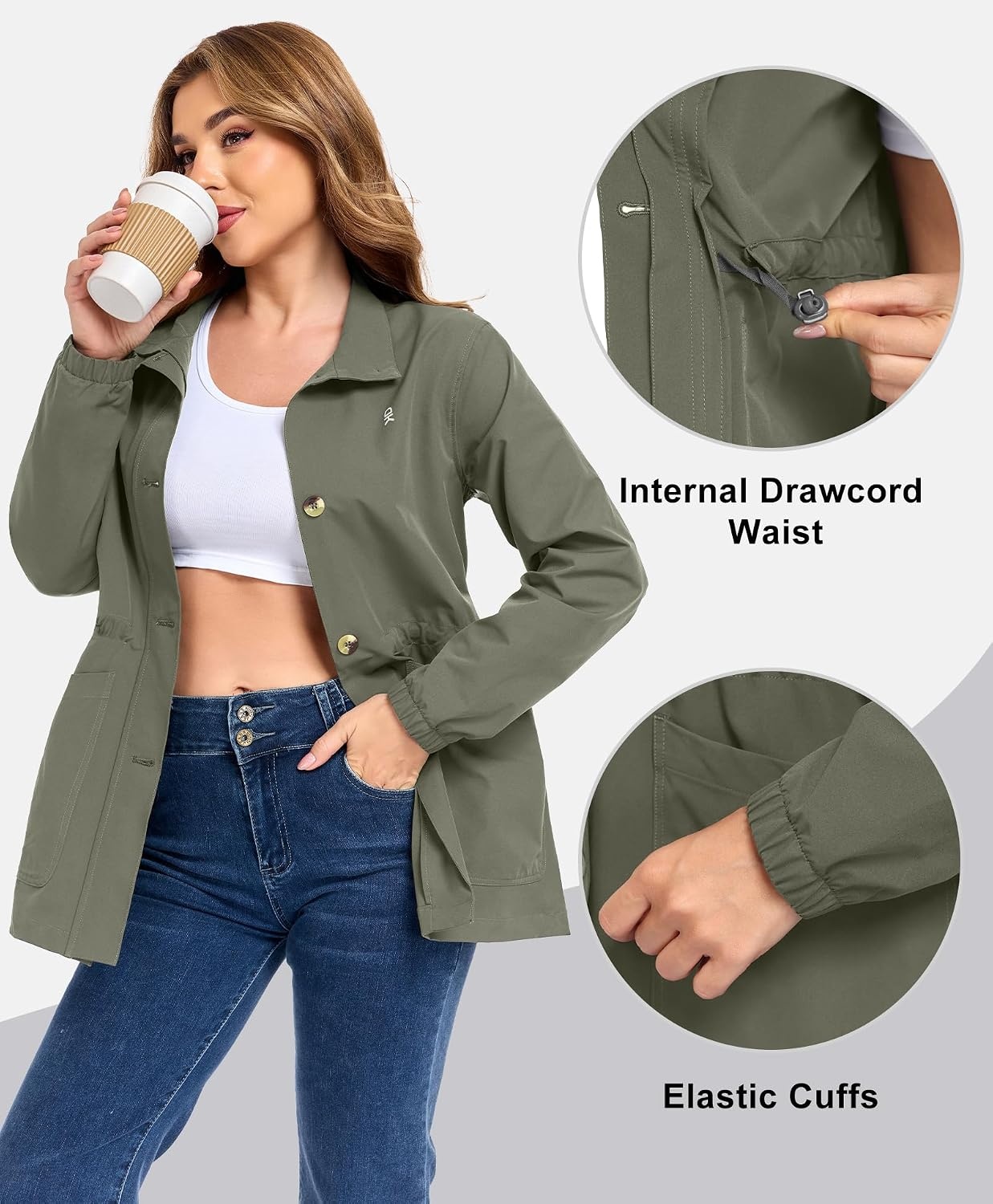 image:imageLittle Donkey Andy Womens Casual Jackets Lightweight Button Down Shirt Drawstring Waist Cropped Trench Coat Peplum JacketsSage Green