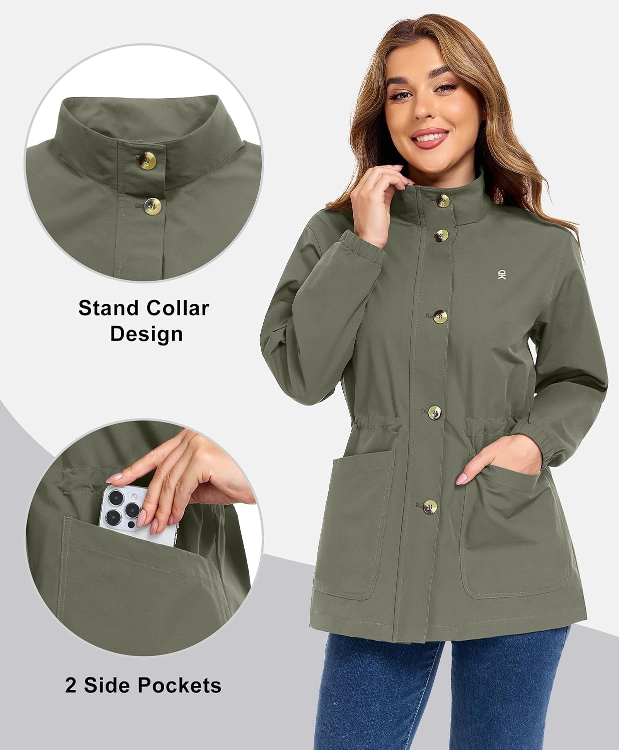 image:imageLittle Donkey Andy Womens Casual Jackets Lightweight Button Down Shirt Drawstring Waist Cropped Trench Coat Peplum JacketsSage Green