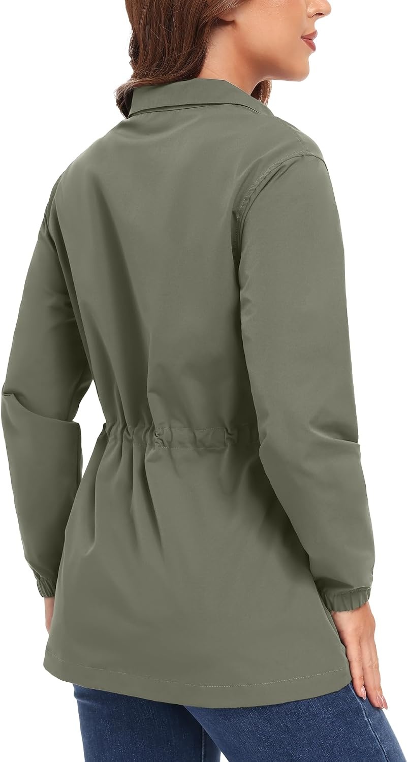 image:imageLittle Donkey Andy Womens Casual Jackets Lightweight Button Down Shirt Drawstring Waist Cropped Trench Coat Peplum JacketsSage Green