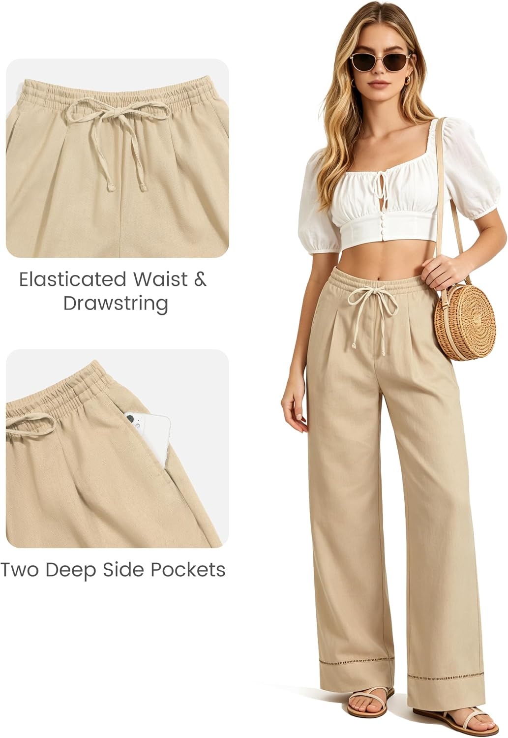 image:imageLittle Donkey Andy Womens Cotton Linen Wide Leg Pants Elastic Drawstring Waist Casual Palazzo Beach Trousers with Hollow HemLight Apricot
