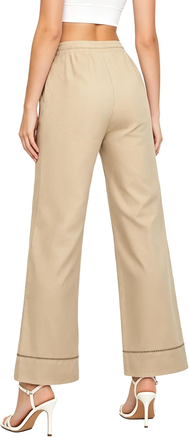 image:imageLittle Donkey Andy Womens Cotton Linen Wide Leg Pants Elastic Drawstring Waist Casual Palazzo Beach Trousers with Hollow HemLight Apricot