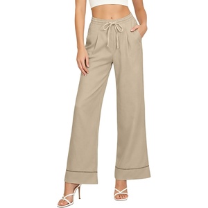 Little Donkey Andy Women’s Cotton Linen Wide Leg Pants Elastic Drawstring Waist Casual Palazzo Beach Trousers with Hollow Hem(Beige Apricot)