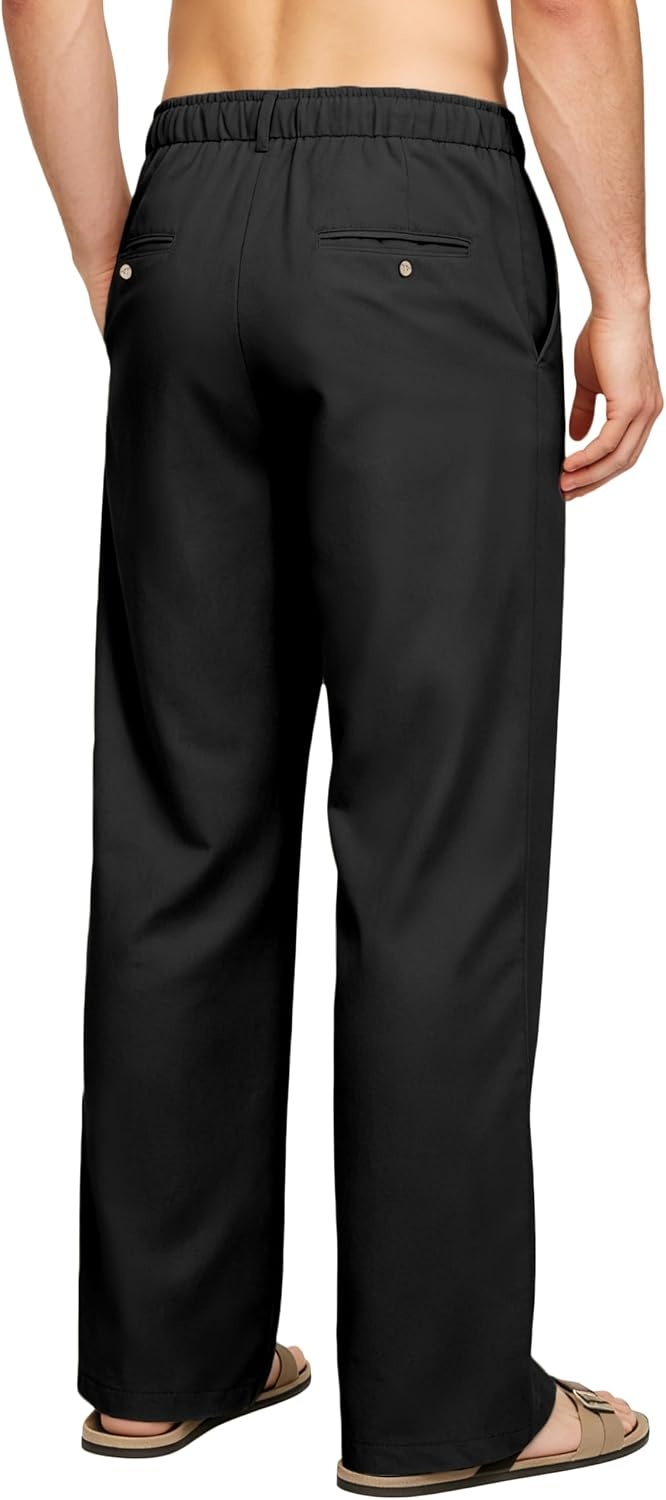 image:imageLittle Donkey Andy Mens Cotton Linen Casual Pants Elastic Waist Drawstring Summer Beach Trousers with 4 PocketsBlack