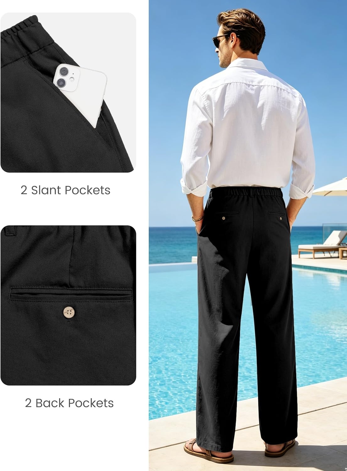 image:imageLittle Donkey Andy Mens Cotton Linen Casual Pants Elastic Waist Drawstring Summer Beach Trousers with 4 PocketsBlack