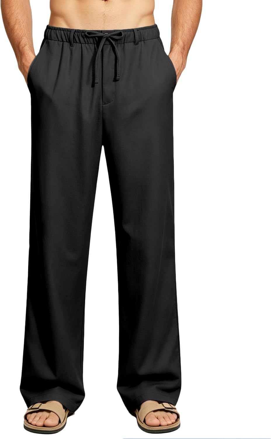 image:imageLittle Donkey Andy Mens Cotton Linen Casual Pants Elastic Waist Drawstring Summer Beach Trousers with 4 PocketsBlack