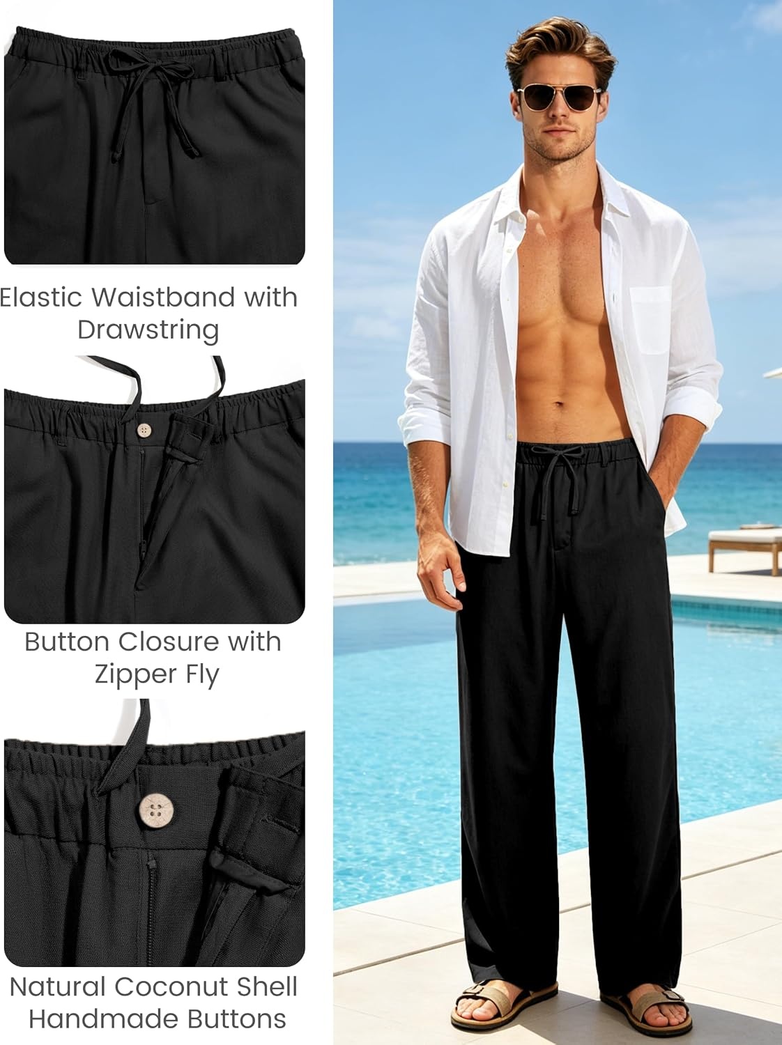 image:imageLittle Donkey Andy Mens Cotton Linen Casual Pants Elastic Waist Drawstring Summer Beach Trousers with 4 PocketsBlack