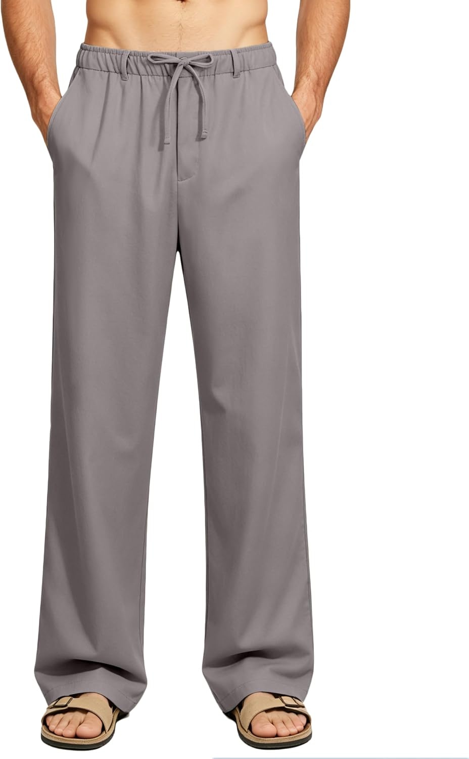 image:imageLittle Donkey Andy Mens Cotton Linen Casual Pants Elastic Waist Drawstring Summer Beach Trousers with 4 PocketsDark Gray