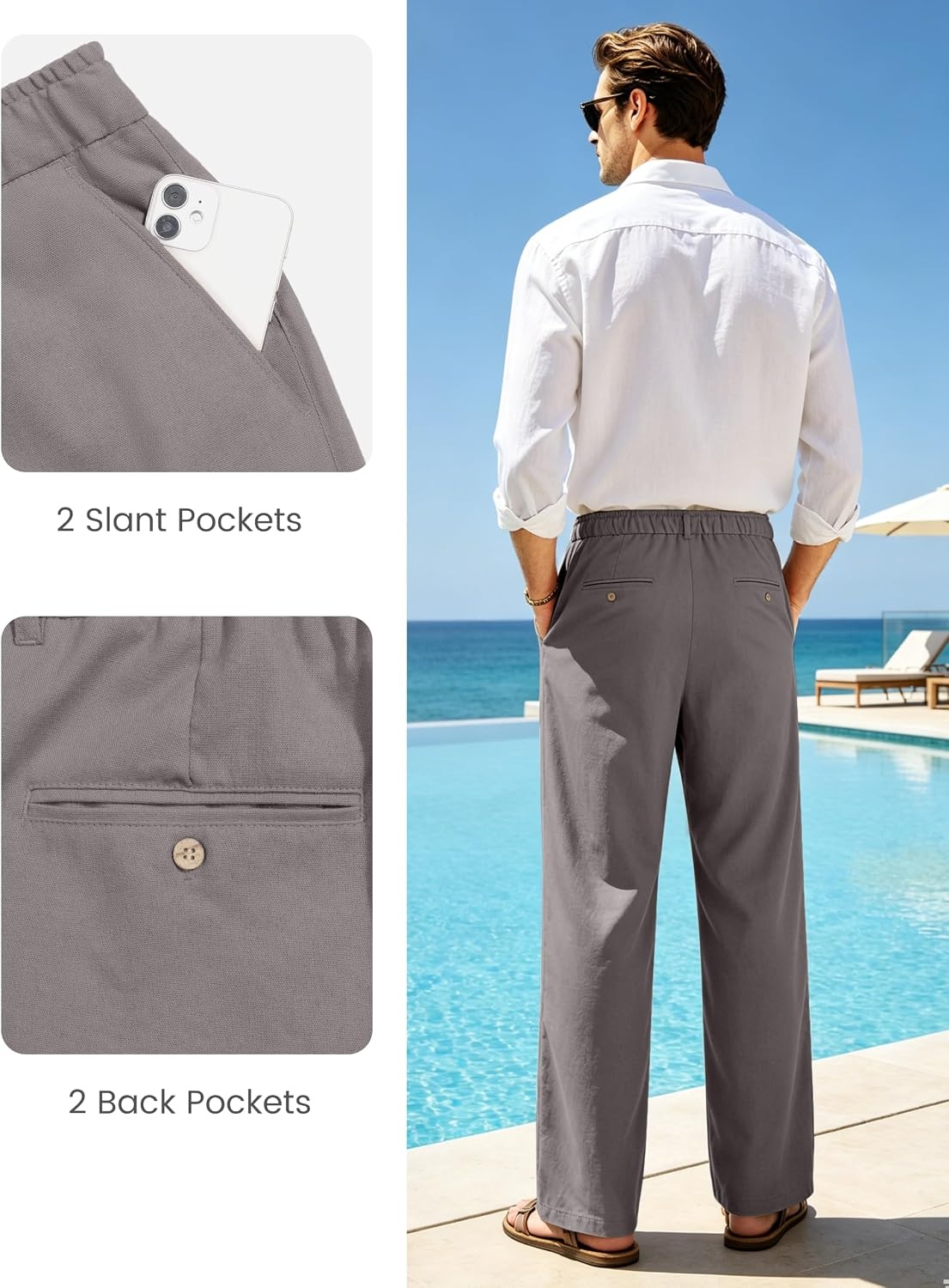 image:imageLittle Donkey Andy Mens Cotton Linen Casual Pants Elastic Waist Drawstring Summer Beach Trousers with 4 PocketsDark Gray