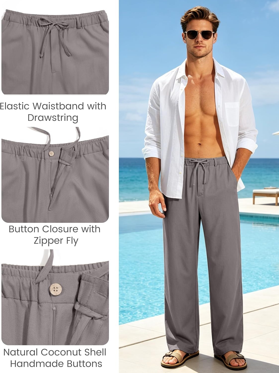 image:imageLittle Donkey Andy Mens Cotton Linen Casual Pants Elastic Waist Drawstring Summer Beach Trousers with 4 PocketsDark Gray