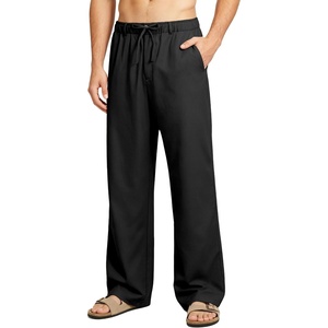 Little Donkey Andy Men’s Cotton Linen Casual Pants Elastic Waist Drawstring Summer Beach Trousers with 4 Pockets(Black)
