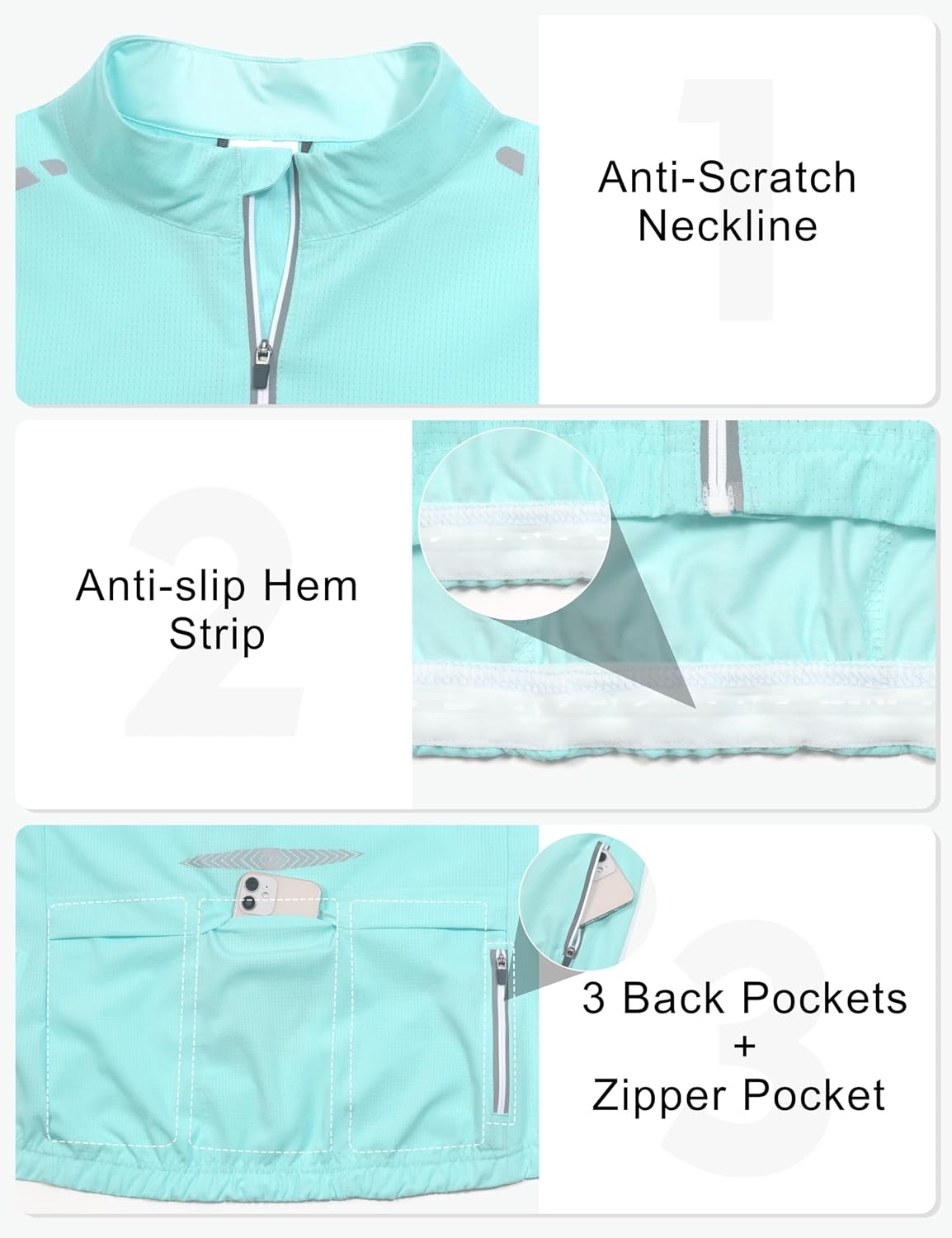 image:imageLittle Donkey Andy Womens Breathable Cycling Jersey Short Sleeve Jacket Quick Dry UPF 50 Reflective ZipperLight Blue
