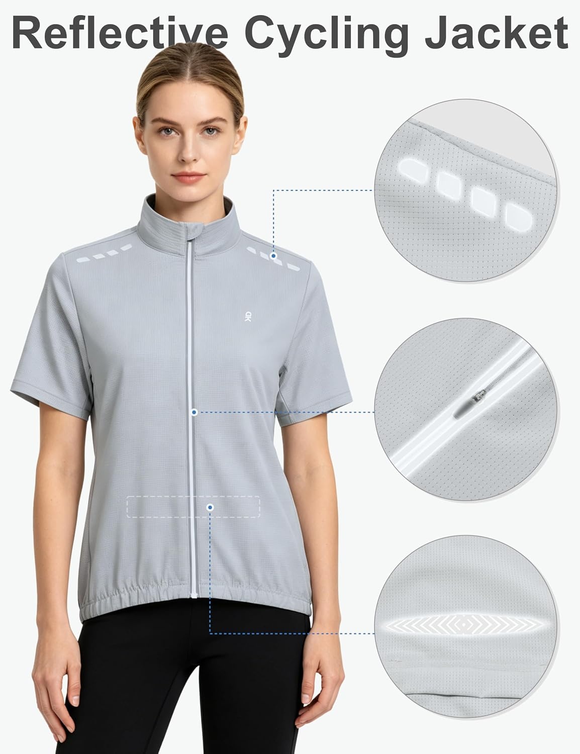 image:imageLittle Donkey Andy Womens Breathable Cycling Jersey Short Sleeve Jacket Quick Dry UPF 50 Reflective ZipperLight Gray