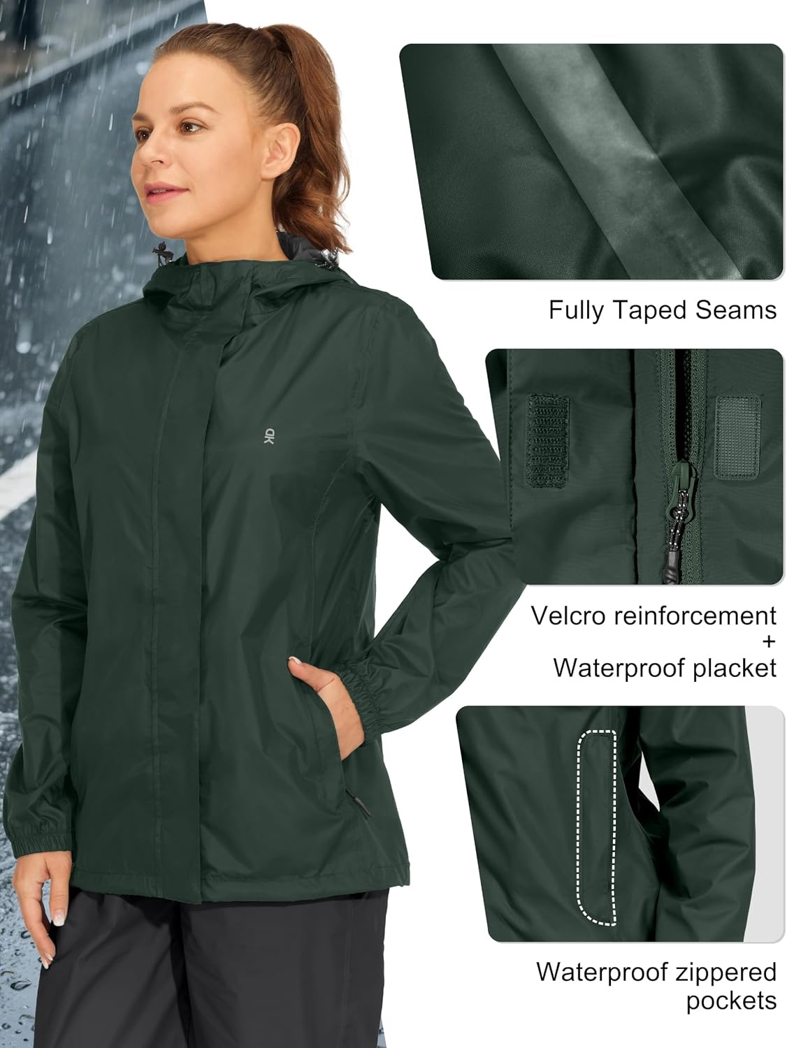 image:imageLittle Donkey Andy Womens Packable Rain Jacket Lightweight Waterproof Hooded Windbreaker for Hiking Travel FishingDark Forest Green