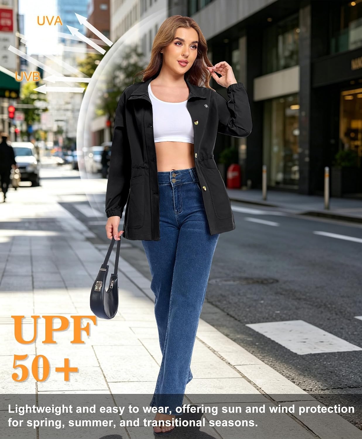 image:imageLittle Donkey Andy Womens Casual Jackets Lightweight Button Down Shirt Drawstring Waist Waterproof Stretchy UPF 50 2 Pockets Long Sleeve Adjustable Waist Cropped Trench Coat TravelingWorkA2black