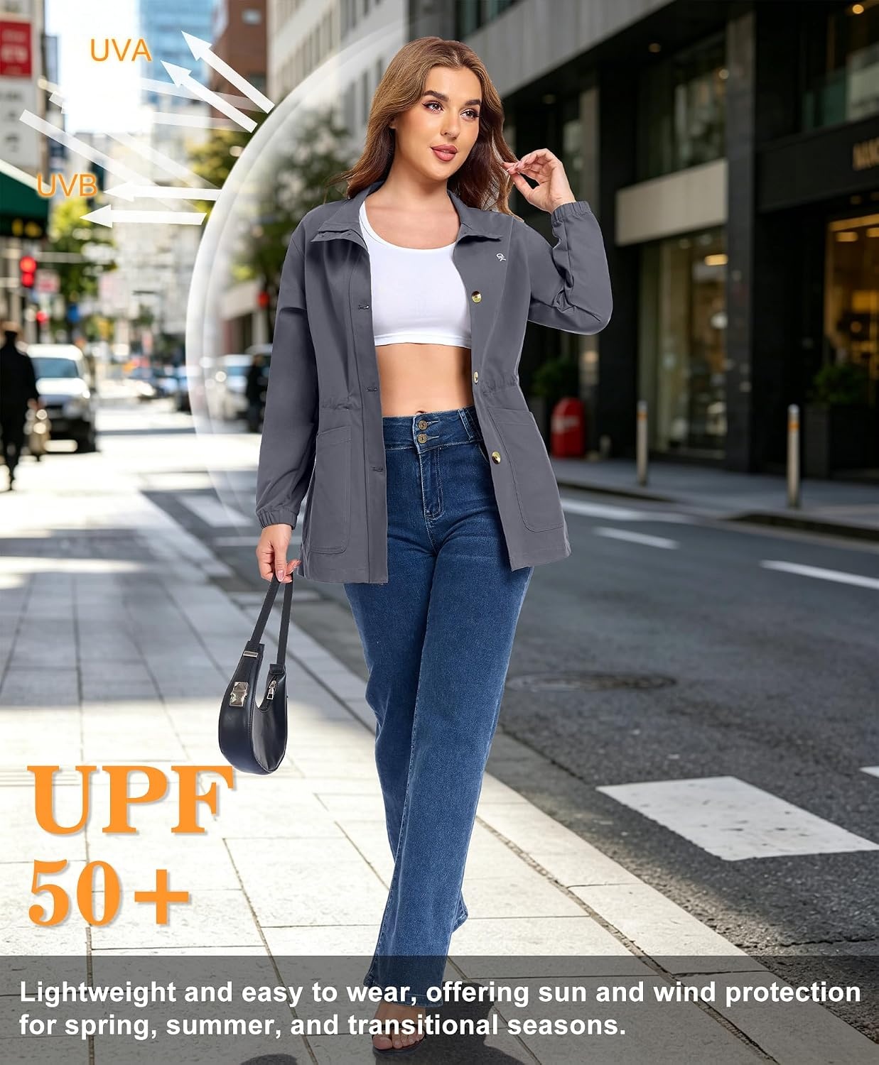 image:imageLittle Donkey Andy Womens Casual Jackets Lightweight Button Down Shirt Drawstring Waist Waterproof Stretchy UPF 50 2 Pockets Long Sleeve Adjustable Waist Cropped Trench Coat TravelingWorkA4iron Grey