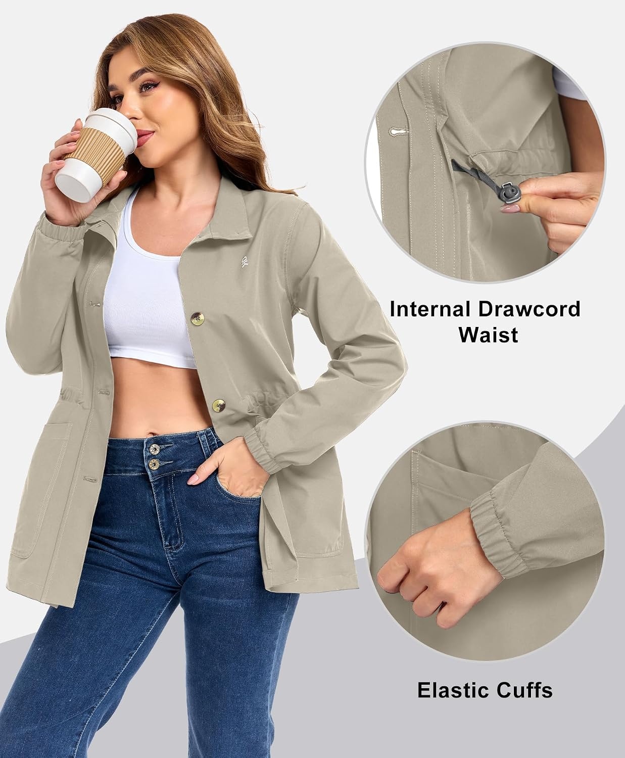 image:imageLittle Donkey Andy Womens Casual Jackets Lightweight Button Down Shirt Drawstring Waist Waterproof Stretchy UPF 50 2 Pockets Long Sleeve Adjustable Waist Cropped Trench Coat TravelingWorkA1khaki