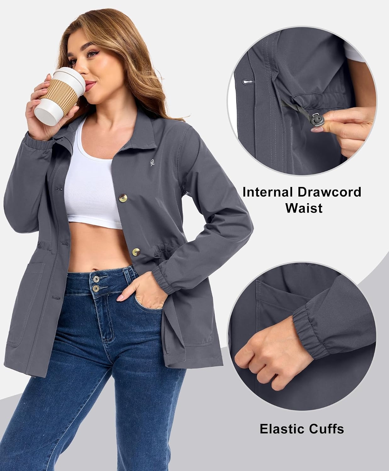 image:imageLittle Donkey Andy Womens Casual Jackets Lightweight Button Down Shirt Drawstring Waist Waterproof Stretchy UPF 50 2 Pockets Long Sleeve Adjustable Waist Cropped Trench Coat TravelingWorkA4iron Grey