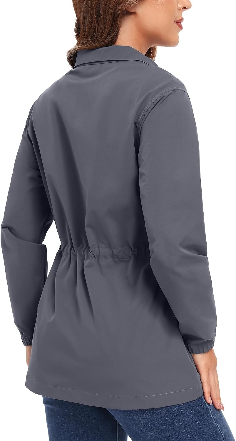 image:imageLittle Donkey Andy Womens Casual Jackets Lightweight Button Down Shirt Drawstring Waist Waterproof Stretchy UPF 50 2 Pockets Long Sleeve Adjustable Waist Cropped Trench Coat TravelingWorkA4iron Grey