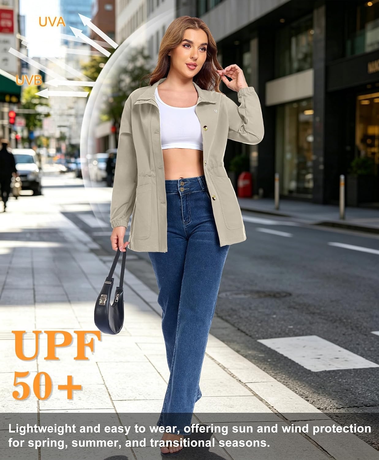 image:imageLittle Donkey Andy Womens Casual Jackets Lightweight Button Down Shirt Drawstring Waist Waterproof Stretchy UPF 50 2 Pockets Long Sleeve Adjustable Waist Cropped Trench Coat TravelingWorkA1khaki