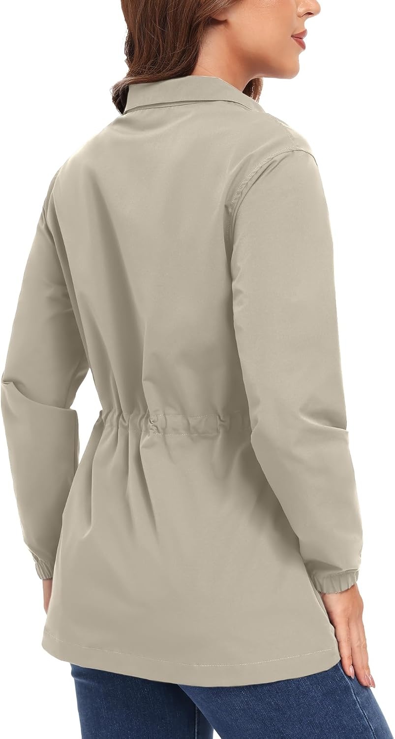 image:imageLittle Donkey Andy Womens Casual Jackets Lightweight Button Down Shirt Drawstring Waist Waterproof Stretchy UPF 50 2 Pockets Long Sleeve Adjustable Waist Cropped Trench Coat TravelingWorkA1khaki