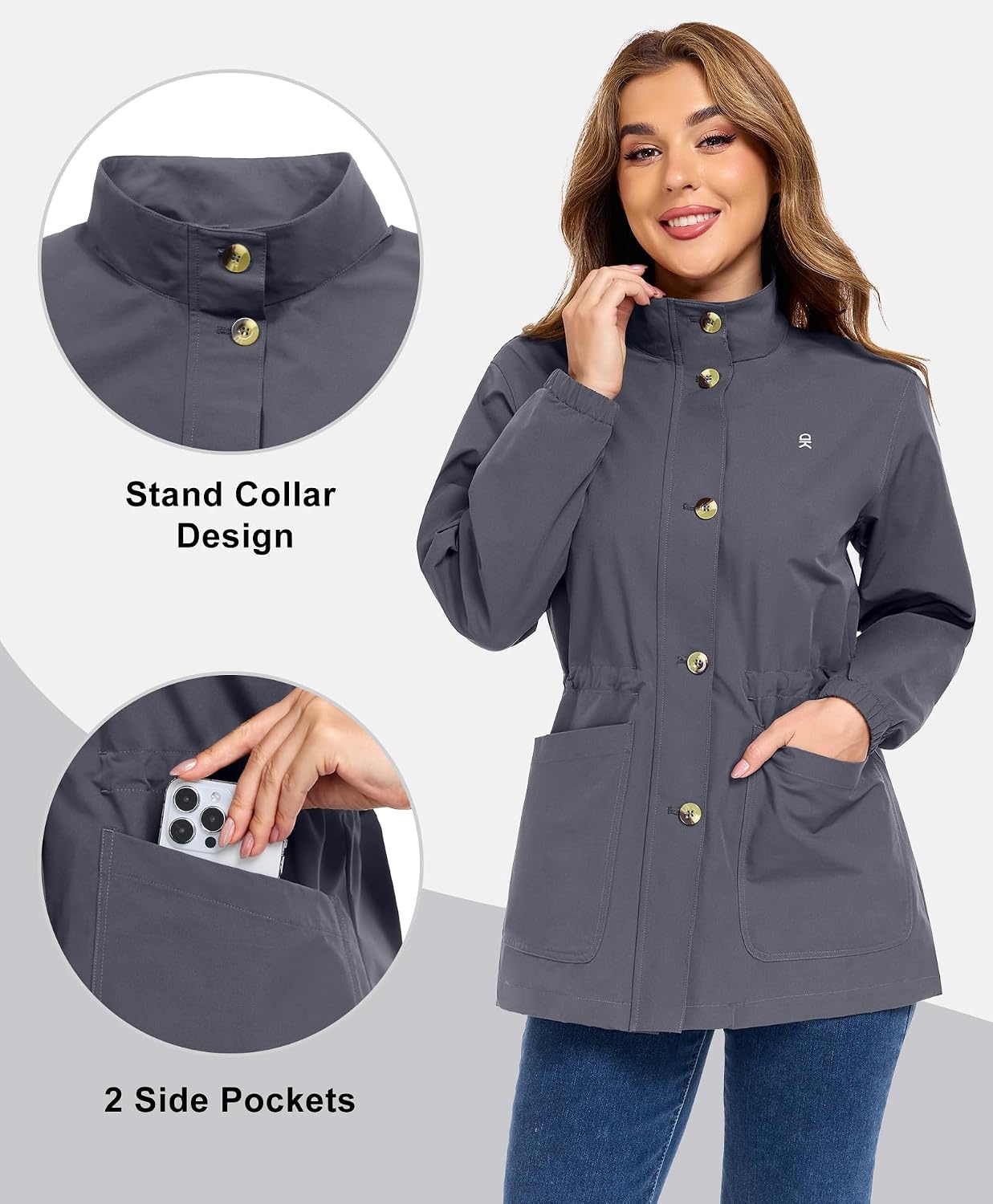 image:imageLittle Donkey Andy Womens Casual Jackets Lightweight Button Down Shirt Drawstring Waist Waterproof Stretchy UPF 50 2 Pockets Long Sleeve Adjustable Waist Cropped Trench Coat TravelingWorkA4iron Grey