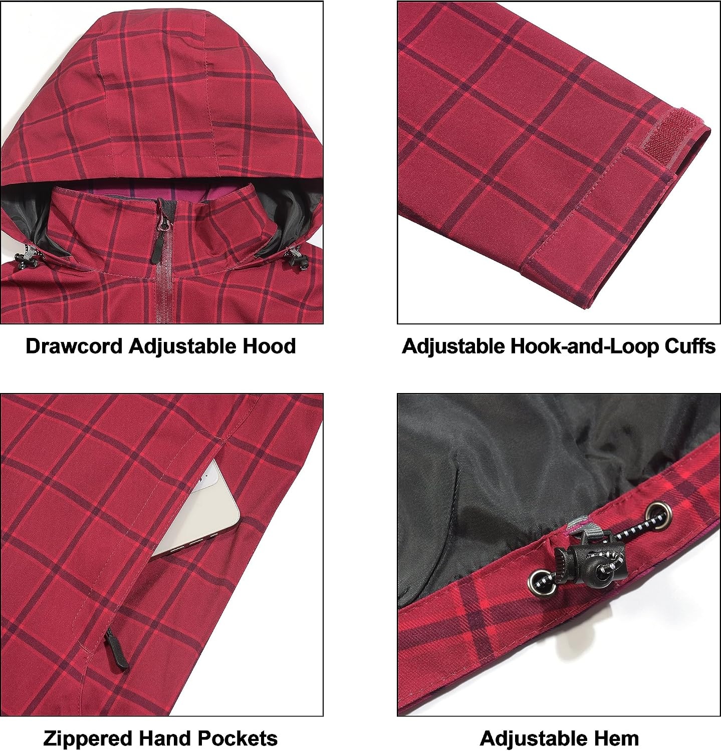 image:imageLittle Donkey Andy Womens Rain Jacket Packable Waterproof Raincoat Hooded Waterproof Packable Raincoat Hooded Breathable Windbreaker Lightweight Outdoor Rain Shell Hiking Golf Travel Camping FishingRed Plaid