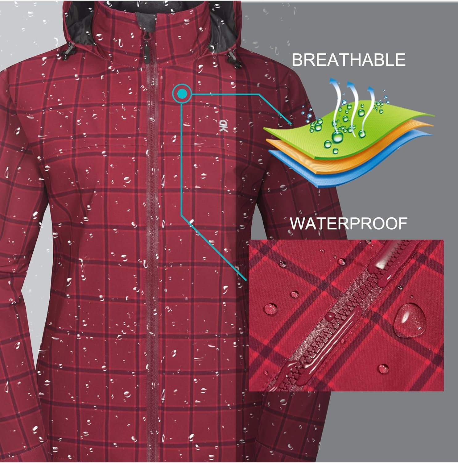 image:imageLittle Donkey Andy Womens Rain Jacket Packable Waterproof Raincoat Hooded Waterproof Packable Raincoat Hooded Breathable Windbreaker Lightweight Outdoor Rain Shell Hiking Golf Travel Camping FishingRed Plaid