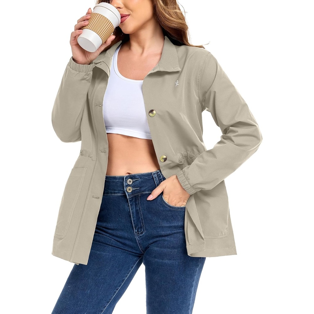 image:imageLittle Donkey Andy Womens Casual Jackets Lightweight Button Down Shirt  Drawstring Waist Waterproof Stretchy UPF 50 2 Pockets Long Sleeve Adjustable Waist Cropped Trench Coat TravelingWorkA1khaki
