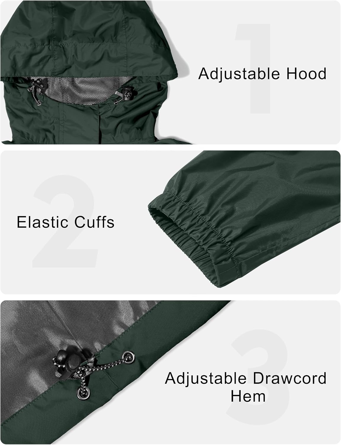 image:imageLittle Donkey Andy Womens Packable Waterproof Hooded Rain Jacket Windproof outdoor windbreaker suitable for hiking travel fishing camping and daily outdoor tripsDark Forest Green