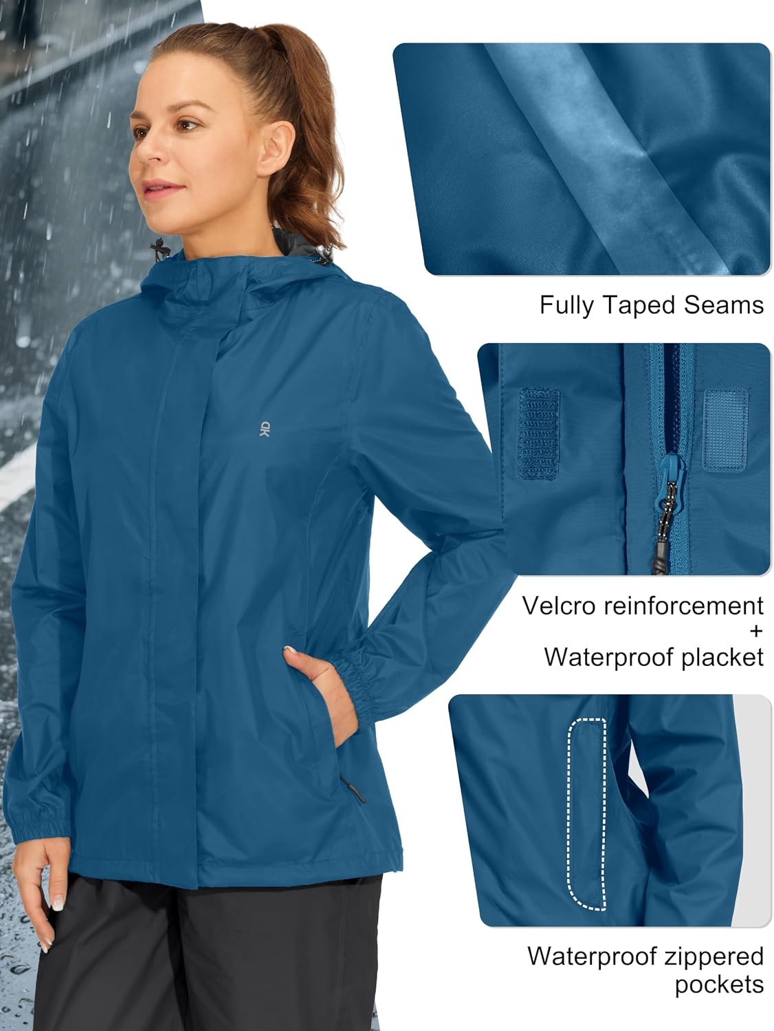 image:imageLittle Donkey Andy Womens Packable Waterproof Hooded Rain Jacket Windproof outdoor windbreaker suitable for hiking travel fishing camping and daily outdoor tripsClassic Blue