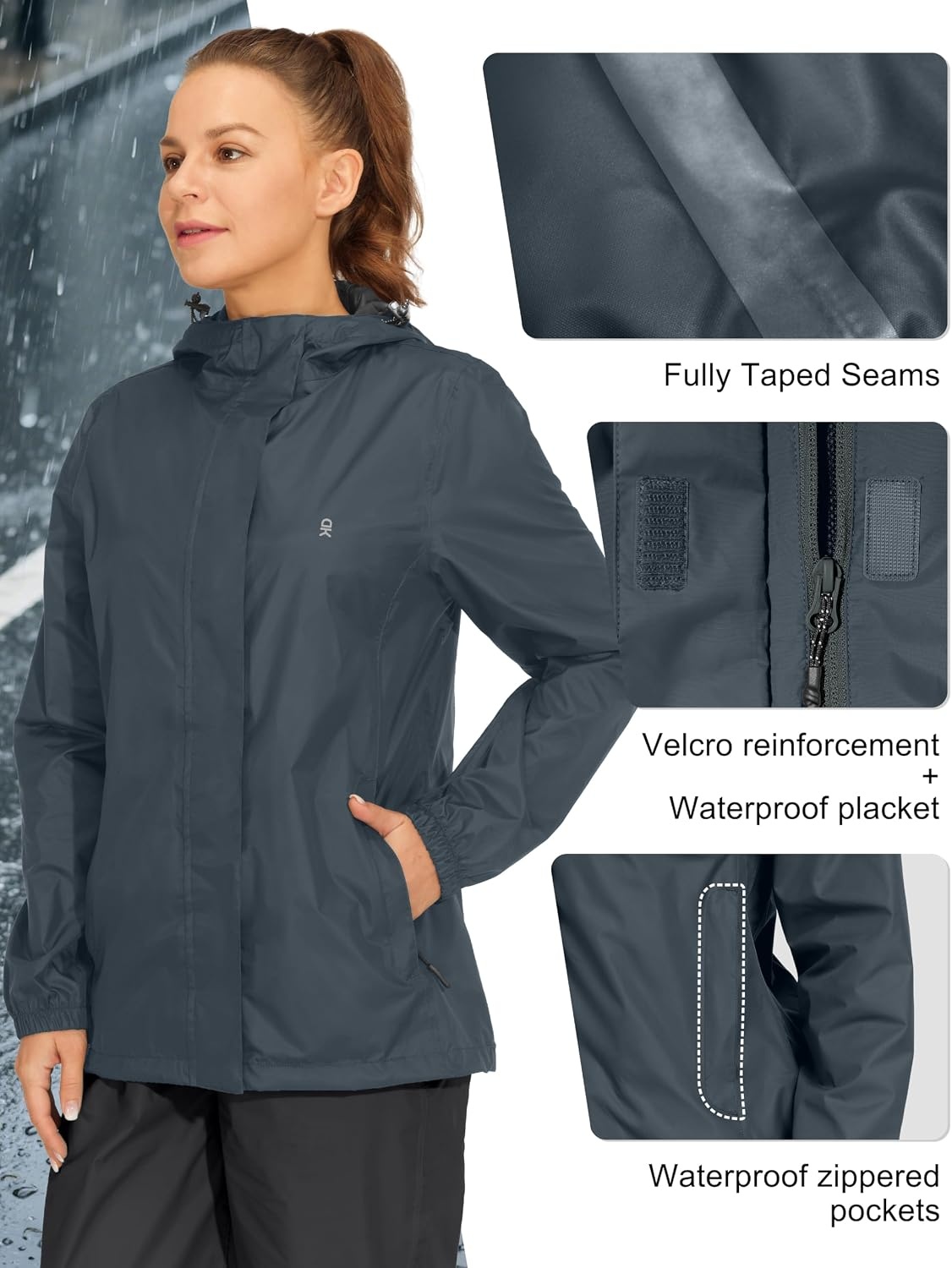 image:imageLittle Donkey Andy Womens Packable Waterproof Hooded Rain Jacket Windproof outdoor windbreaker suitable for hiking travel fishing camping and daily outdoor tripsDark Gray