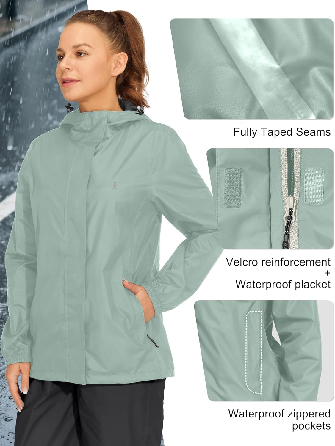 image:imageLittle Donkey Andy Womens Packable Waterproof Hooded Rain Jacket Windproof outdoor windbreaker suitable for hiking travel fishing camping and daily outdoor tripsDusty Sage Green