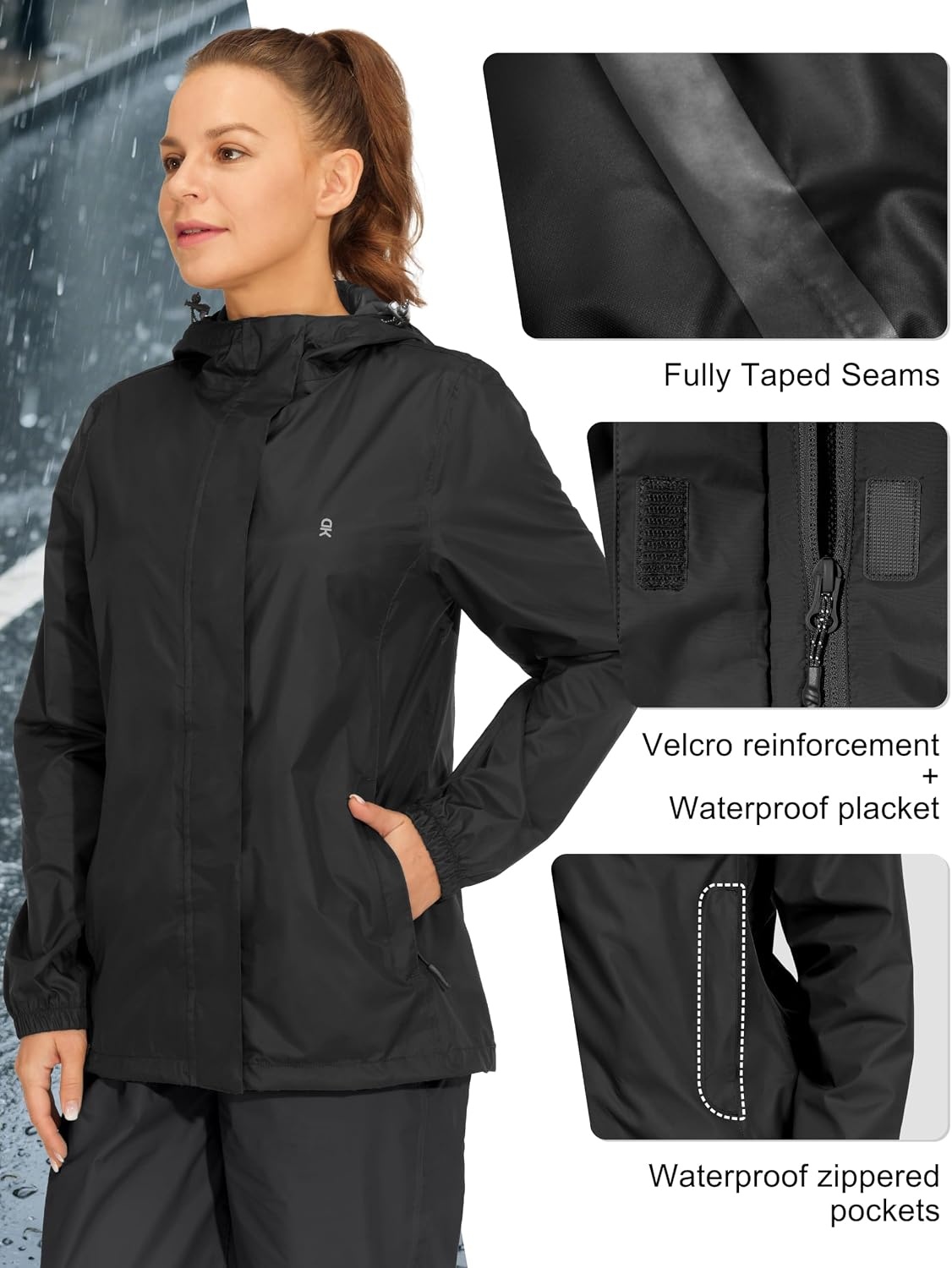 image:imageLittle Donkey Andy Womens Packable Waterproof Hooded Rain Jacket Windproof outdoor windbreaker suitable for hiking travel fishing camping and daily outdoor tripsBlack