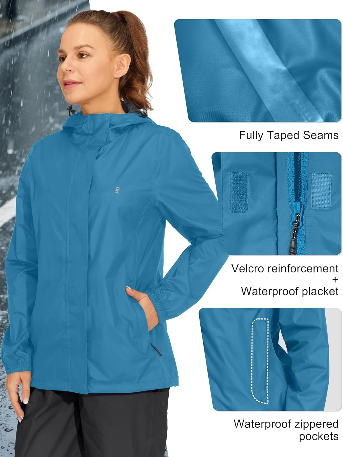 image:imageLittle Donkey Andy Womens Packable Waterproof Hooded Rain Jacket Windproof outdoor windbreaker suitable for hiking travel fishing camping and daily outdoor tripsTeal Blue
