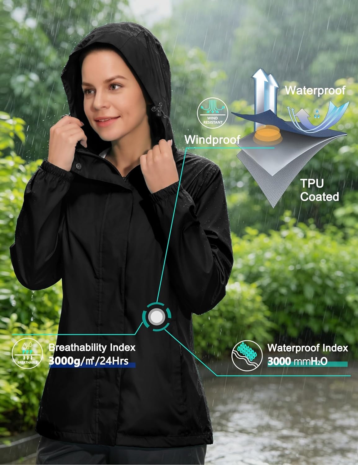 image:imageLittle Donkey Andy Womens Waterproof Hooded Rain Jacket Packable Lightweight amp Windproof Outer Windbreaker Ideal Outdoor Layer For Hiking Travel Fishing amp Outdoor ActivitiesBlack