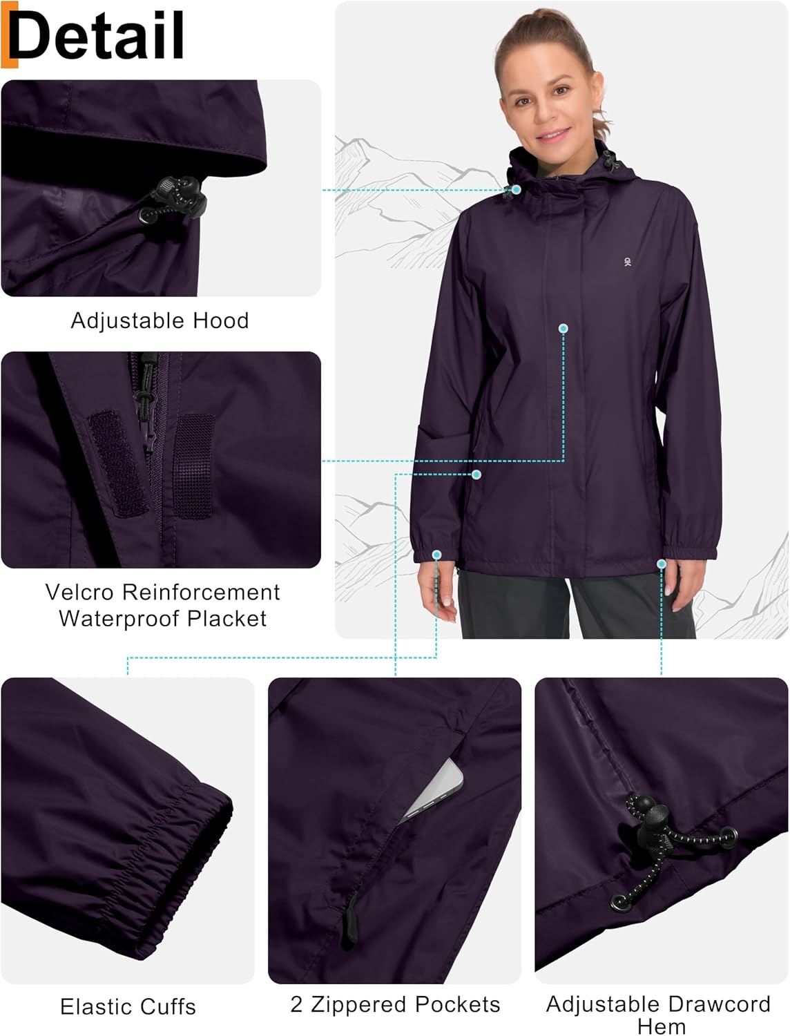 image:imageLittle Donkey Andy Womens Waterproof Hooded Rain Jacket Packable Lightweight amp Windproof Outer Windbreaker Ideal Outdoor Layer For Hiking Travel Fishing amp Outdoor ActivitiesPurple