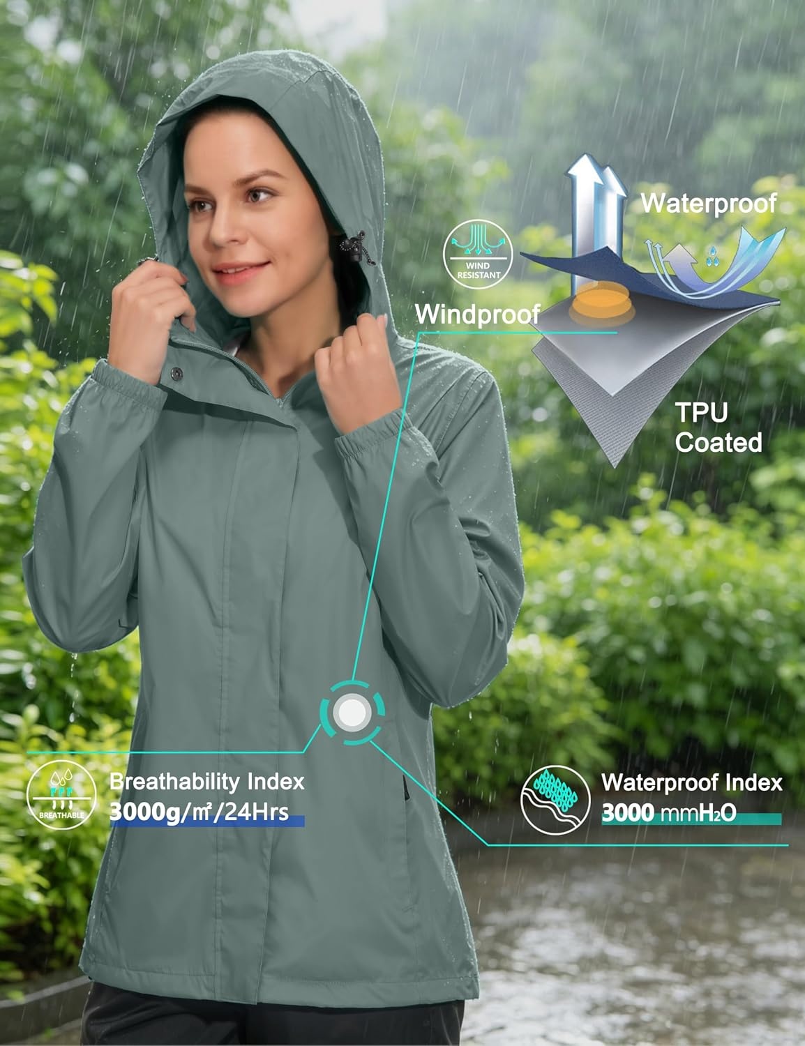 image:imageLittle Donkey Andy Womens Waterproof Hooded Rain Jacket Packable Lightweight amp Windproof Outer Windbreaker Ideal Outdoor Layer For Hiking Travel Fishing amp Outdoor ActivitiesPale Aqua