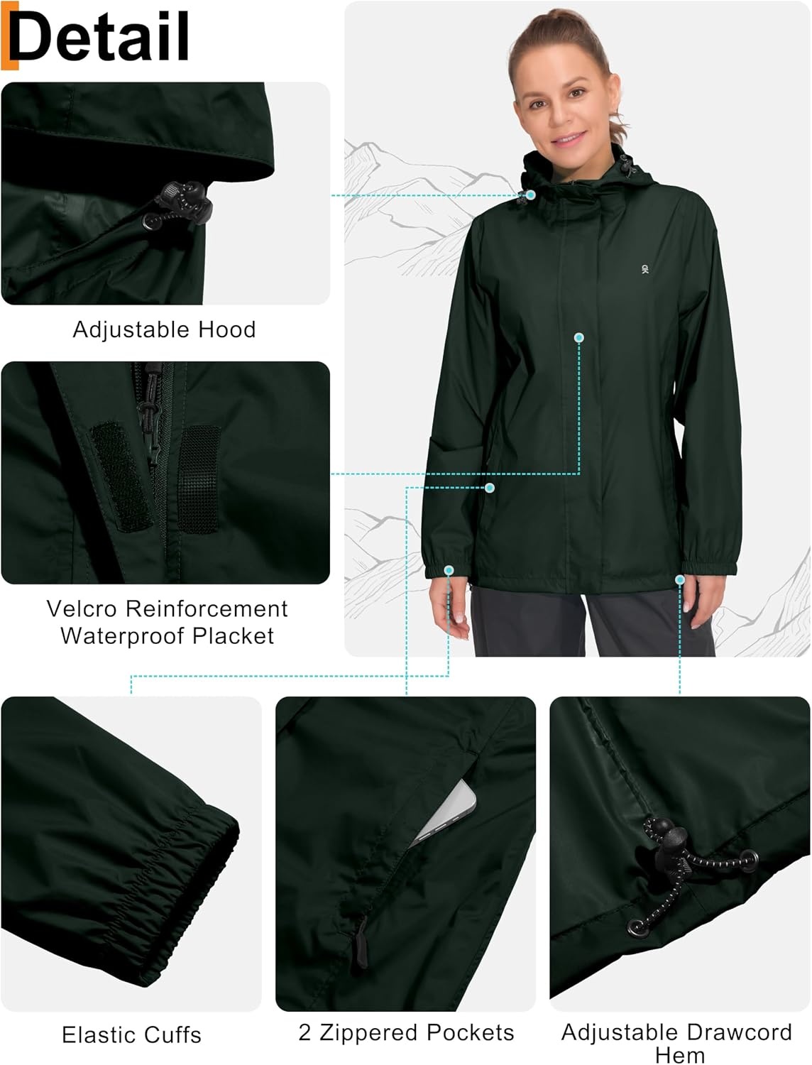 image:imageLittle Donkey Andy Womens Waterproof Hooded Rain Jacket Packable Lightweight amp Windproof Outer Windbreaker Ideal Outdoor Layer For Hiking Travel Fishing amp Outdoor ActivitiesRifle Green